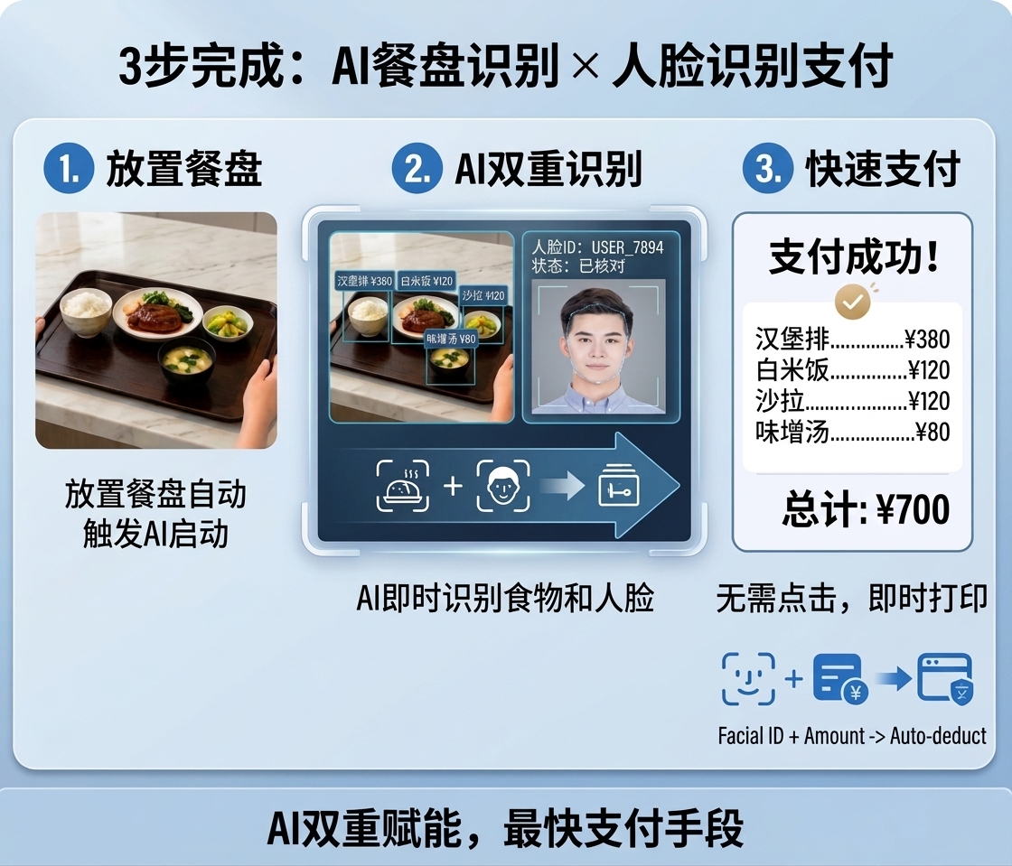 菜品AI识别与人脸识别同时处理，3秒完成支付