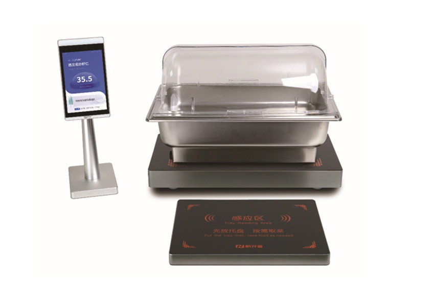 計量精算ステーション（電子秤+食品保温容器+表示パネル+感応エリア）